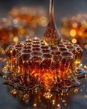Geometric honeycomb pattern, dripping sweet liquid honey