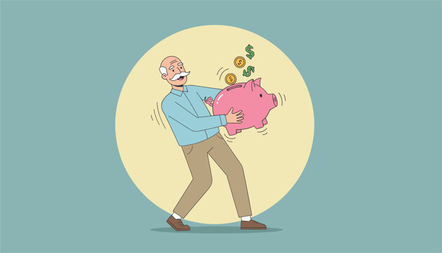 Cheerful senior man happily holds a pink piggy bank while gold coins and dollar bills fall into the savings slot.