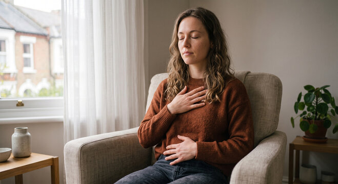 Young woman practicing deep breathing exercises and meditation sitting in a cozy armchair at home