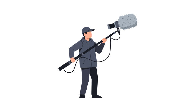 Professional Sound Recordist Boom Operator Holding Microphone on Pole for Film Production, Flat Vector Illustration Isolated on White Background
