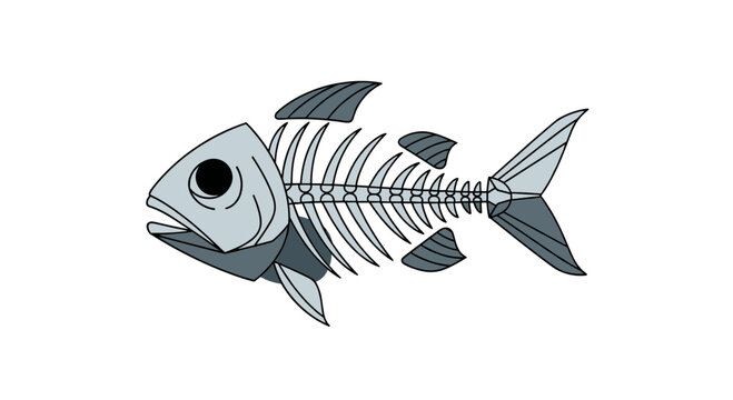Graphic illustration of a fish skeleton showing the detailed head spine and fins in shades of grey for science or culinary use.