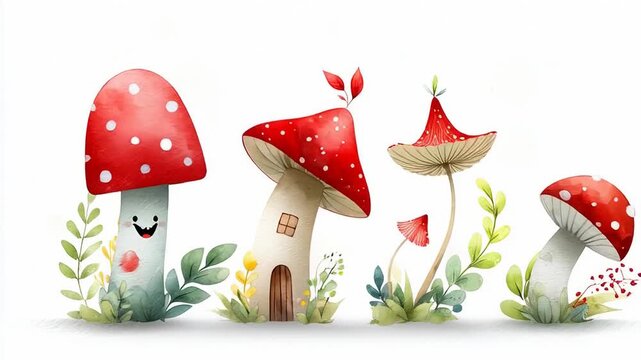 Enchanting mushroom village animation with blooming flowers and swirling leaves