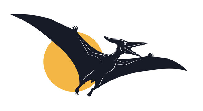 Stylized silhouette of a pterodactyl dinosaur flying in front of a large orange sun.