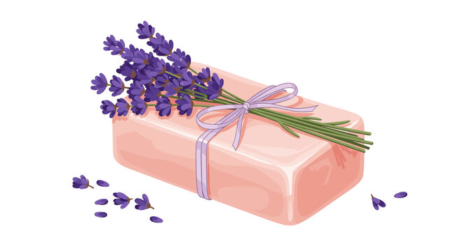 Pink bar of soap wrapped with a bunch of fresh purple lavender flowers and a ribbon.