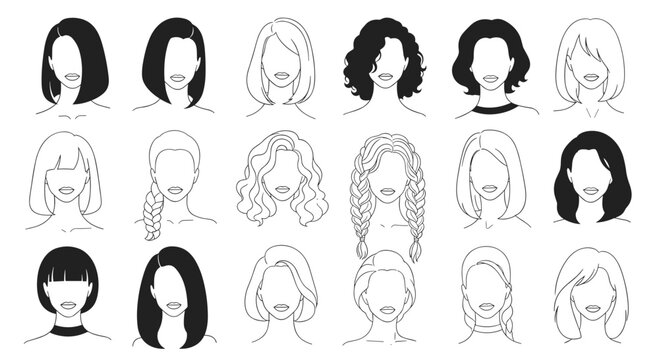 Comprehensive collection of various female hairstyles and head silhouettes in black and white line art.