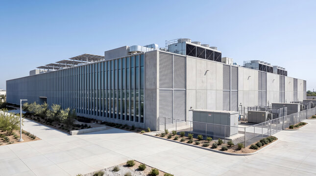 Large rectangular data center building with concrete facade, metal louvers, and rooftop hvac cooling units under a clear blue sky