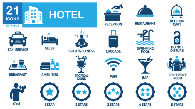 Hotel solid icon set. Includes symbols for Hotel Booking, Room Service, and Luxury Amenities. Vector icons for hotel websites, travel booking apps, and tourism brochures.