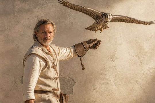 Falconry training with peregrine falcon and handler in desert light