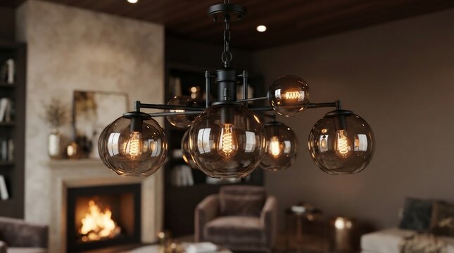 Modern chandelier illuminating cozy living room with fireplace