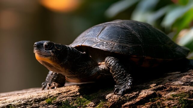 A dark shelled turtle rests on a mossy log under soft natural light  showcasing textured skin and calm posture