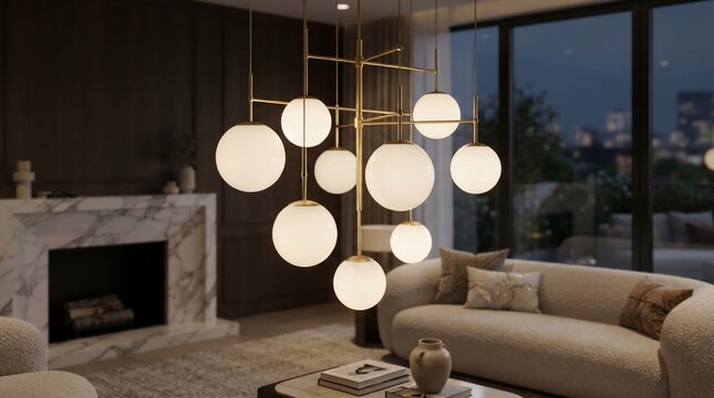 Modern chandelier with frosted globes illuminating stylish living room
