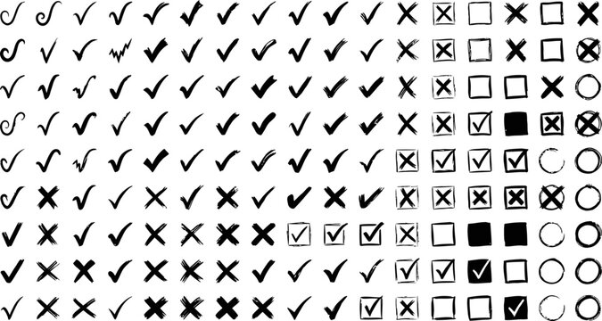 Hand drawn check marks and cross symbols, black ink doodle checkmark set, sketch tick and x icons for checklist and survey