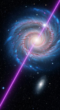 Vibrant spiral galaxy with a bright pink energy beam, representing cosmic power and exploration, ideal for science and space themes