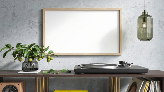 Blank picture frame mock up on concrete wall with turntable and decor, interior