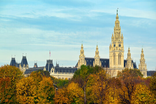 Panoramic View of Vienna City Hall and Autumn Park in Austria
