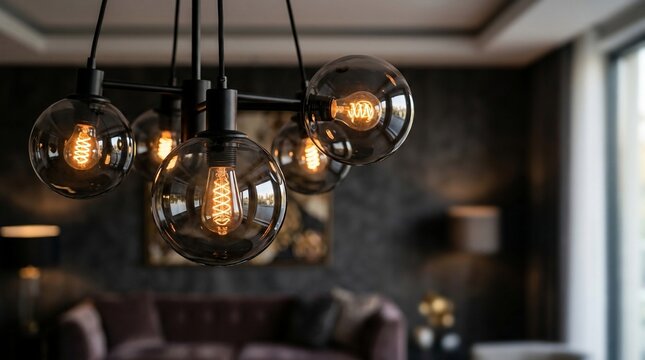 Modern chandelier with glowing edison bulbs in dimly lit room