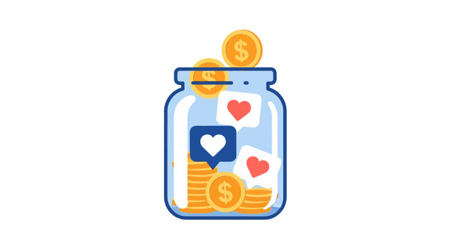 Social Media Monetization and Digital Donation Concept with Coin Jar and Heart Likes