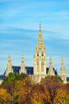 Vienna City Hall Towers in Autumn with Colorful Trees in Austria