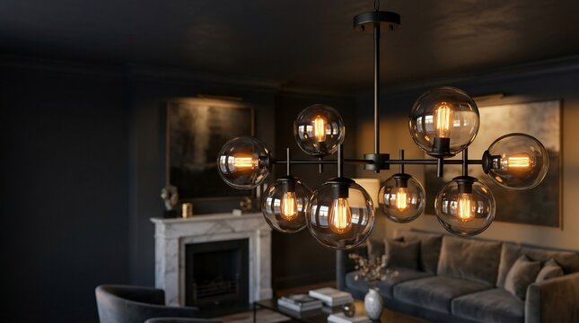 Modern chandelier with smoke glass globes illuminate elegant living room interior