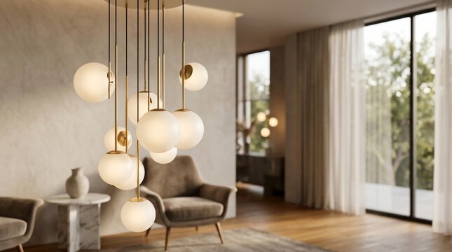 Modern chandelier with spherical glass shades and brass accents