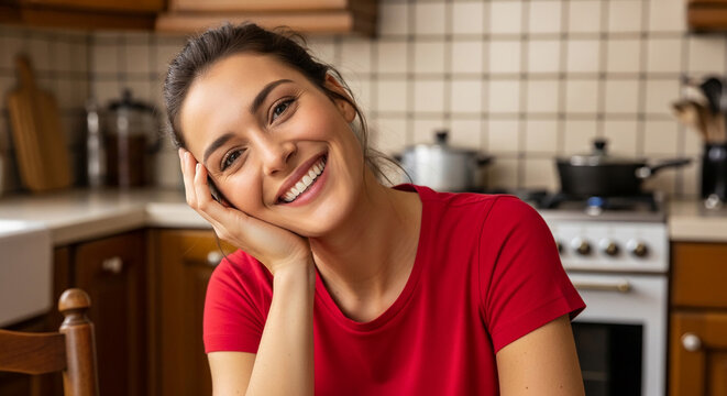 Smiling woman in red shirt, leaning on hand in kitchen, representing happiness, comfort, and home life, showcasing contentment and well-being.