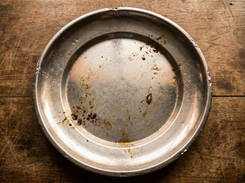 Empty dirty metal plate with food scraps resting on a rustic wooden table top