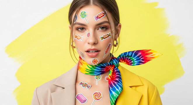 Young woman with candy stickers on her face and rainbow scarf, symbolizing fun, playfulness, and sweet joy, against a yellow and white background