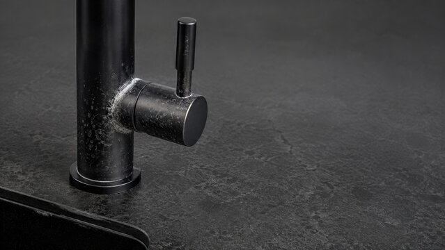 Limescale buildup on matte black kitchen faucet handle