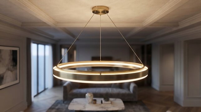 Modern circular chandelier illuminating a luxurious living room interior