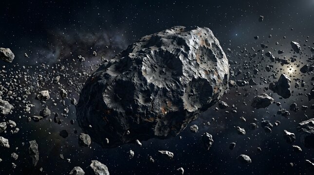 Asteroid, space belt and meteor in galaxy for astronomy research, science discovery and cosmic exploration. Large rock, celestial body and debris in universe with craters, stars and deep dark nebula