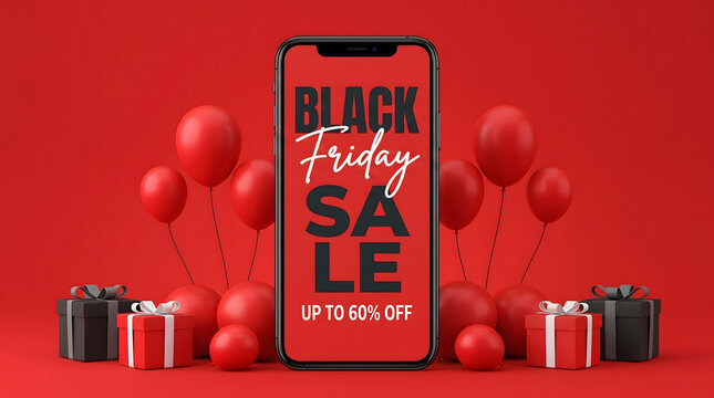 Black Friday sale advertisement on smartphone screen with red balloons and gift boxes on red background for mobile e-commerce promotion 3D render.