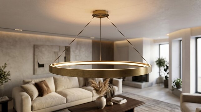 Modern circular chandelier illuminating elegant living room interior design