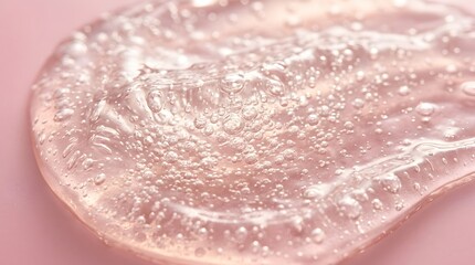 Fototapeta premium Transparent cosmetic gel smear with tiny air bubbles displays a smooth viscous texture captured under soft warm studio lighting conditions