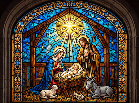 Stained glass nativity scene with holy family and animals