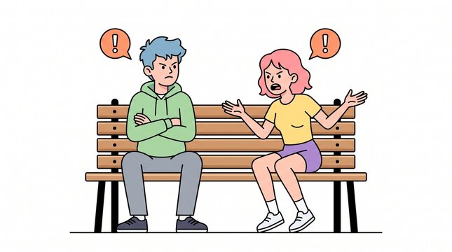 Two people arguing on a wooden bench