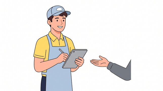 Cheerful delivery worker using digital tablet