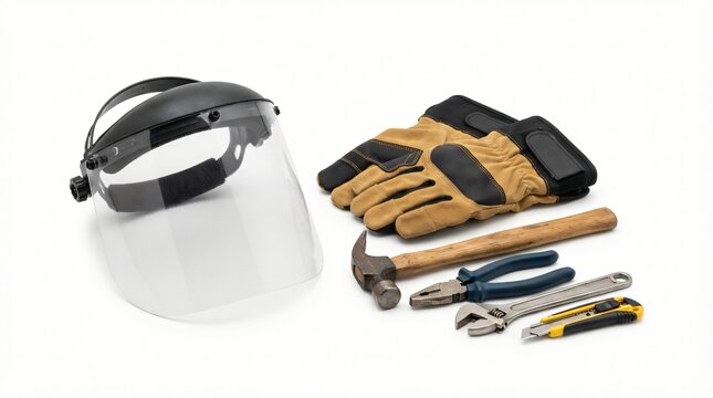 Professional safety equipment and tools for construction workers including helmet face shield, gloves, hammer, pliers, wrench, and utility knife on white background