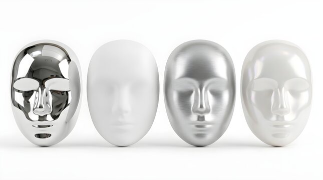 Four mannequin heads in a row showcasing different material finishes including metallic mirror and matte white