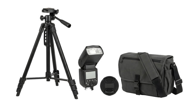 A professional photography equipment set including tripod, speedlight, and camera bag, ideal for creative projects.
