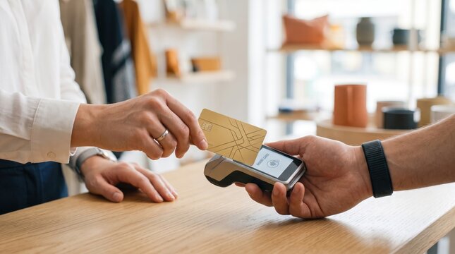 Customer paying with gold credit card using contactless nfc technology on pos terminal held by cashier in bright retail store representing modern cashless shopping