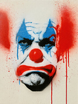 spooky sad clown graffiti street art face paint on wall scary evil horror clown stencil art red nose blue makeup dripping paint poster halloween background urban street culture visual art