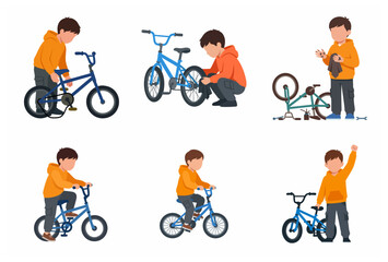 Fototapeta premium Flat vector illustration set of a young boy repairing, cleaning, and riding his blue bicycle