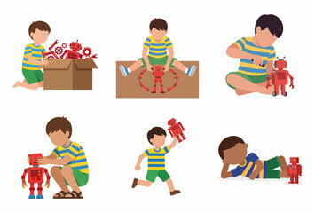 Set of vector illustrations of a young boy playing with, building, and fixing red toy robots, showcasing STEM education, childhood creativity, and imaginative play.