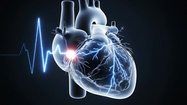Transparent Heart Model Displaying Electrical Conduction Pathway Against Dark Background Emphasizing Heart Function And Rhythm