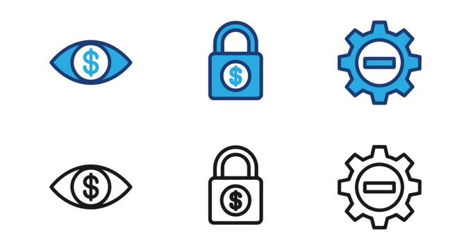 Set of financial business icons featuring eye with dollar sign padlock and gear with minus symbol in vector style