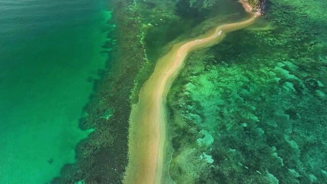 Aerial 4K drone footage of Lakdayan Sandbar in Busuanga, Palawan, Philippines, showing a curved white sandbar extending through crystal-clear turquoise waters beside a lush tropical island