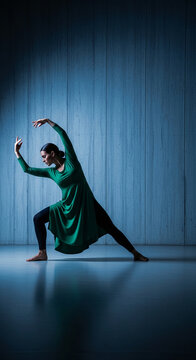 A female dancer in a green dress performs a graceful pose against a textured blue wall, symbolizing artistic expression and movement