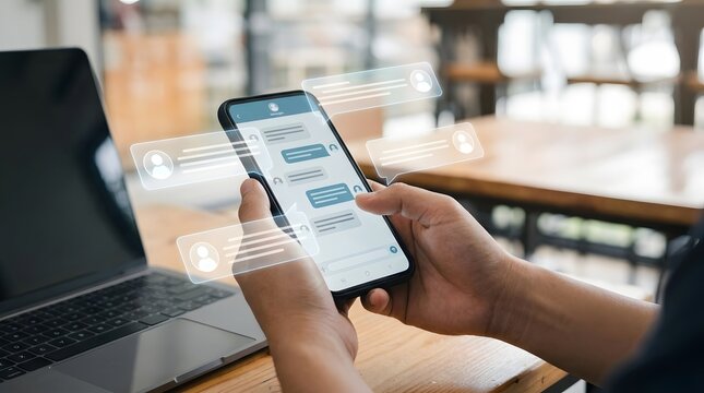 A person using a smartphone to text message with a laptop in the background for the concept of communication and technology.