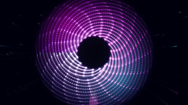 Neon purple spiral particle vortex abstract motion background, glowing digital tunnel effect, futuristic cyberpunk technology loop