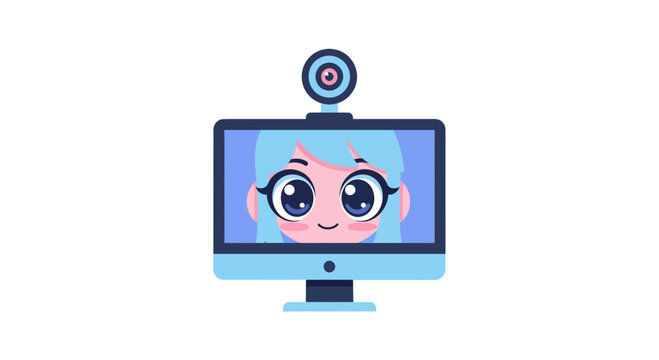 Kawaii Anime Girl VTuber Avatar on Computer Monitor with Webcam. Minimalist Flat Vector Illustration for Streaming, Gaming, and Digital Content Creation.